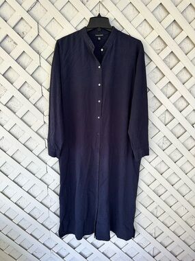 Eileen Fisher Tencel Navy Blue Houndstooth Button-Up Dress Long Sleeve M